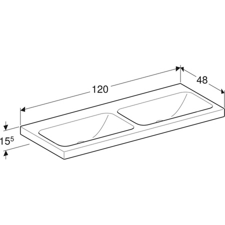 Umywalka GEBERIT iCon Light podwójna 2-stanowiskowa prostokątna, biała, 1200mm, bez otworu na baterię, bez odpływu przelewowego, półka od ściany