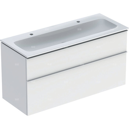 Zestaw umywalki meblowej Geberit iCon, slim rim, z szafką pod umywalkę, z dwoma szufladami i odpływowo-przelewowym do umywalki: B=120cm, Umywalka: biały, Korpus i front: biały / lakierowany matowy, Uchwyt: biały / powlekany proszkowo, matowy