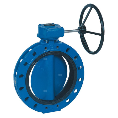 Przepustnica kołnierzowa SYLAX z przekładnią ślimakową, dysk: GGG40 epoksyd, wykładzina: NBR, korpus: GGG40 epoksyd., Pnom 1,0 MPa, tmax=85 st.C DN450