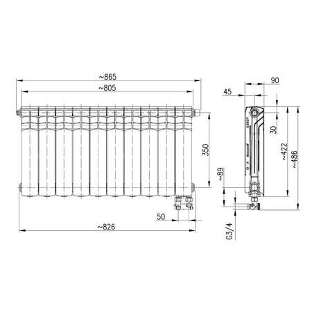 Grzejnik żeberkowy KFA Armatura G350F/D/10 aluminium, podłączenie dolne, prawe, kątowe 422 x 805 mm, kolor biały (RAL 9010)