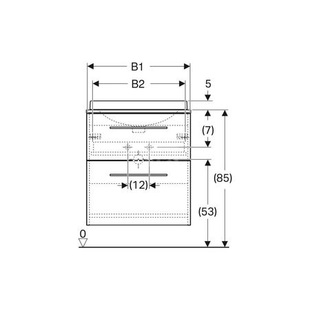 Umywalka GEBERIT Variform eliptyczna, biała, 550mm, otwór na baterię na środku, wpuszczana w blat, z odpływem przelewowym, półka od ściany