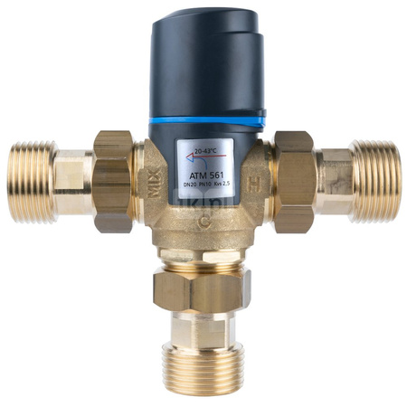 Zawór regulacyjny termostatyczny do wody ciepłej AFRISO ATM 561 ze śrubunkami mosiądz GZ 1'', DN 20, zakres temp. 20-43'C, Kvs 2.5 m3/h, maksymalna temperatura 90'C, maksymane ciśnienie 10 bar