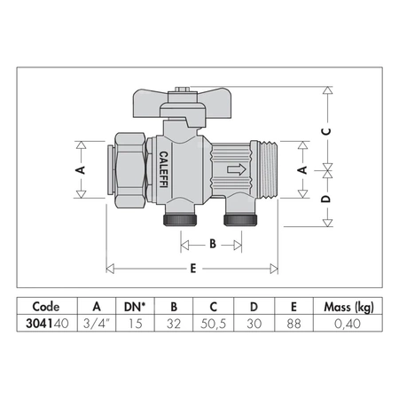 Zawór kulowy z wbudowanym, certyfikowanym zaworem zwrotnym. Z możliwością nadzoru. Nakrętka - przyłącza z gwintem zewnętrznym 3/
