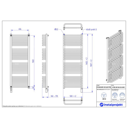 Grzejnik elektryczny (suszarka) INSTAL-PROJEKT STANDARD 3D ELECTRO, wym. 1402 (1507 z grzałką)/500 mm, kolor biały połysk, moc 900 W