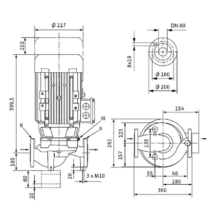 Pompa obiegowa WILO VeroLine-IPL 80/105-3/2-IE3 typu in-line z silnikiem znormalizowanym 50 Hz, moc silnika 3kW 6.15 A 2900 obr/min, wlot Kołnierz DN 80