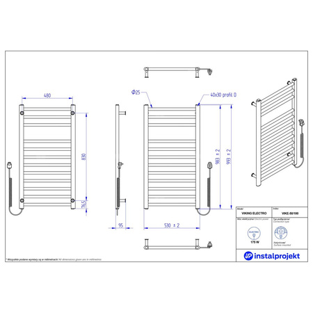 Grzejnik elektryczny (suszarka) INSTAL-PROJEKT VIKING ELECTRO, wym. 993/530 mm, kolor biały połysk, moc 175 W