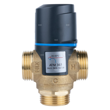 Zawór regulacyjny termostatyczny do wody ciepłej AFRISO ATM 361 ze śrubunkami mosiądz GZ 1'', DN 20, zakres temp. 20-43'C, Kvs 1.6 m3/h, maksymalna temperatura 90'C, maksymane ciśnienie 10 bar