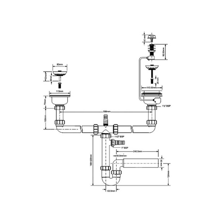 Syfon zlewozmywakowy rurowy podwójny 3,5"X50mm z podłączeniem pralki lub zmywarki, spust z mech.automatycznym