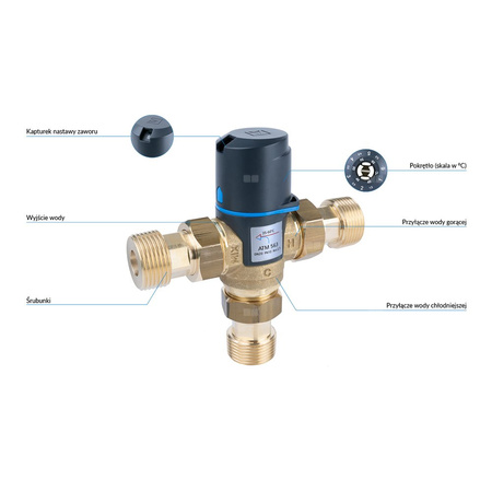 Zawór regulacyjny termostatyczny do wody ciepłej AFRISO ATM 563 ze śrubunkami mosiądz GZ 1'', DN 20, zakres temp. 35-60'C, Kvs 2.5 m3/h, maksymalna temperatura 90'C, maksymane ciśnienie 10 bar