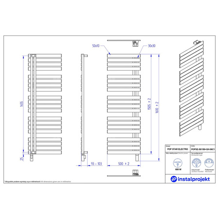 Grzejnik elektryczny (suszarka) INSTAL-PROJEKT POP STAR ELECTRO, wym. 1505 (1610 z grzałką)/500 mm, kolor biały mat, moc 600 W