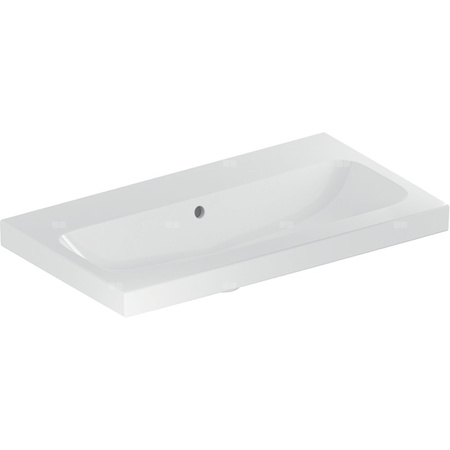 Umywalka GEBERIT iCon Light prostokątna, biała / KeraTect, 750mm, bez otworu na baterię, z odpływem przelewowym, półka od ściany
