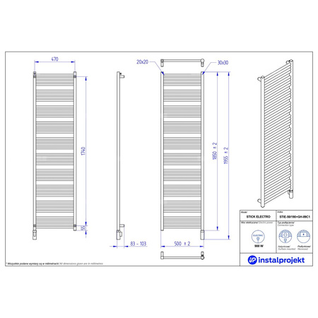 Grzejnik elektryczny (suszarka) INSTAL-PROJEKT STICK ELECTRO, wym. 1850 (1955 z grzałką)/500 mm, kolor biały mat, moc 900 W