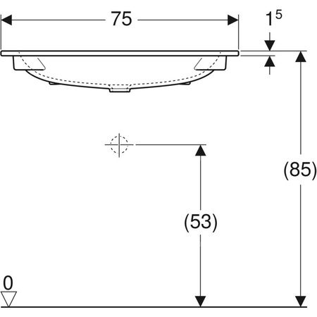 Umywalka GEBERIT iCon prostokątna, biała, 750mm, bez otworu na baterię, nakładany od góry, bez odpływu przelewowego, półka od ściany