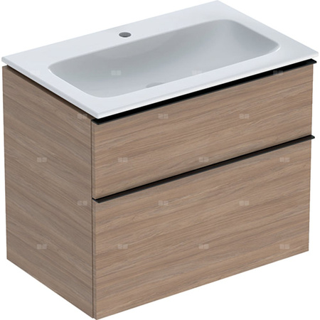 Zestaw umywalki meblowej Geberit iCon slim rim, z szafką pod umywalkę, z dwoma szufladami i zestawem odpływowo-przelewowym do umywalki: B=75cm, Umywalka: biały, Korpus i front: dąb / melaminowa struktura drewna, Uchwyt: lava / malowany proszkowo, matowy