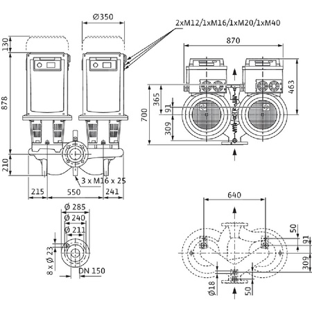 Pompa obiegowa WILO CronoTwin-DL-E 150/220-11/4-R1-S1 typu in-line z silnikiem znormalizowanym 50/60 Hz, moc silnika 11kW 20.2 A 1450 obr/min, wlot Kołnierz DN 150