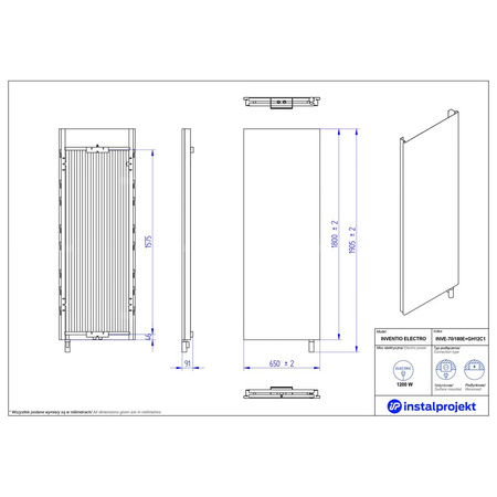 Grzejnik elektryczny (suszarka) INSTAL-PROJEKT INVENTIO ELECTRO, wym. 1800 (1905 z grzałką)/650 mm,  moc 1200 W
