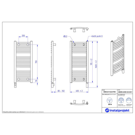 Grzejnik elektryczny (suszarka) INSTAL-PROJEKT OMEGA R ELECTRO, wym. 915 (1020 z grzałką)/400 mm, kolor biały połysk, moc 300 W