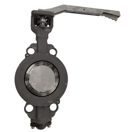 Przepustnica bezkołnierzowa EMARIS z dźwignią reczną, dysk: AISI316, wykładzina: PTFE +15% Grafit, korpus: stal WCB, Pnom 2,5 MPa, tmax=260 st.C DN 65