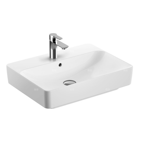 Umywalka GEBERIT Variform prostokątna, biała, 600mm, otwór na baterię na środku, stawiana na blat, z odpływem przelewowym, półka od ściany