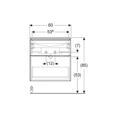 Umywalka GEBERIT iCon prostokątna, biała, 600mm, otwór na baterię na środku, nakładany od góry, bez odpływu przelewowego, półka od ściany