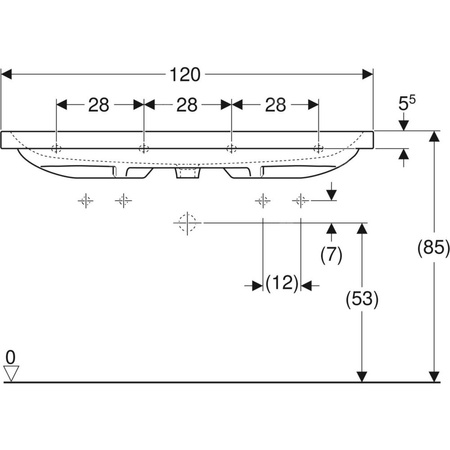 Umywalka GEBERIT iCon Light 2-stanowiskowa prostokątna, biała, 1200mm, otwór na baterię z lewej i prawy, z odpływem przelewowym, półka od ściany