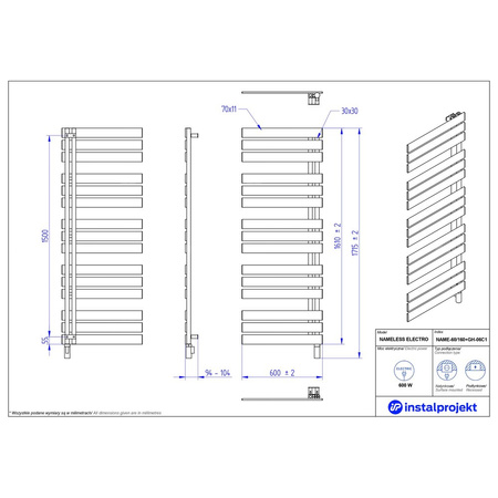 Grzejnik elektryczny (suszarka) INSTAL-PROJEKT NAMELESS ELECTRO, wym. 1610 (1715 z grzałką)/600 mm, kolor czarny, moc 600 W