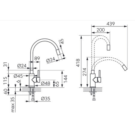 Bateria zlewozmywakowa FERRO ZUMBA INOX, kolor stal, elastyczna szara wylewka