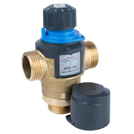 Zawór regulacyjny termostatyczny do wody ciepłej AFRISO ATM 763 mosiądz GZ 1'', DN 20, zakres temp. 35-60'C, Kvs 3.2 m3/h, maksymalna temperatura 110'C, maksymane ciśnienie 10 bar