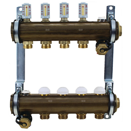 Rozdzielacz do ogrzewania podłogowego HERZ 16-obieg. mosiądz GW 1'' x GZ 3/4'' + przepływomierz + zawór napełn/spust + odpowietrznik
