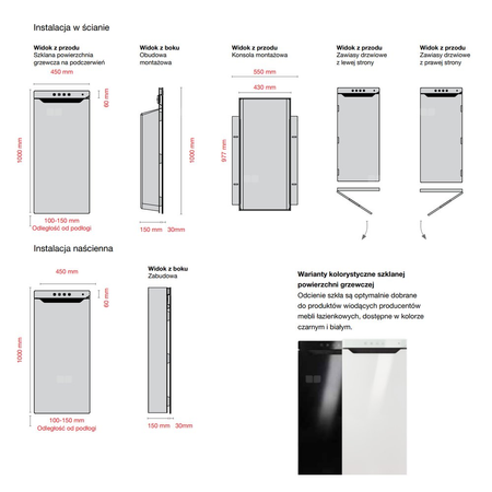 Grzejnik elektryczny ZEHNDER Zenia 1000 x 450 mm, kolor czarny, moc 1000 W