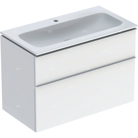 Zestaw umywalki meblowej Geberit iCon slim rim, z szafką pod umywalkę, z dwoma szufladami i zestawem odpływowo-przelewowym do umywalki: B=90cm, Umywalka: biały, Korpus i front: biały / lakierowany na wysoki połysk, Uchwyt: biały / powlekany proszkowo, mat