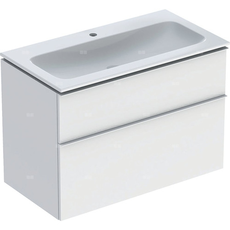 Zestaw umywalki meblowej Geberit iCon slim rim, z szafką pod umywalkę, z dwoma szufladami i zestawem odpływowo-przelewowym do umywalki: B=90cm, Umywalka: biały, Korpus i front: biały / lakierowany matowy, Uchwyt: biały / powlekany proszkowo, matowy