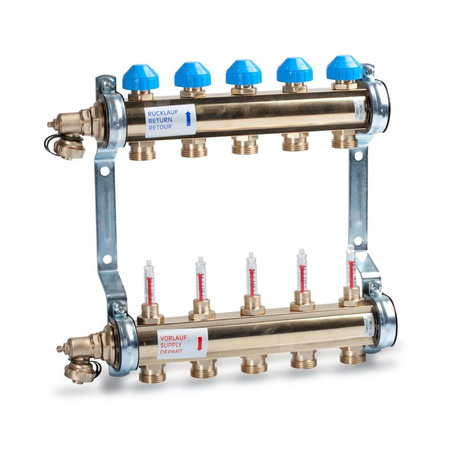 Rozdzielacz mosiądz, zasilanie dół 0-6l/min, powrót górna belka, w zestawie spust/odpowietrz. HKV513,4 OUTLET HEAT.CIRC. MANIFOLD 