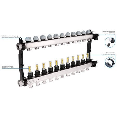 Rozdzielacz do ogrzewania podłogowego AFRISO ProCalida VA 1C 11-obieg. stal nierdzewna GZ 1'' x euroconus 3/4''