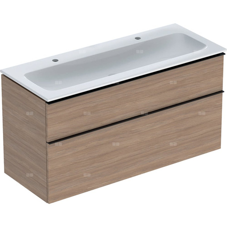 Zestaw umywalki meblowej Geberit iCon, slim rim, z szafką pod umywalkę, z dwoma szufladami i odpływowo-przelewowym do umywalki: B=120cm, Umywalka: biały, Korpus i front: dąb / melaminowa struktura drewna, Uchwyt: lava / malowany proszkowo, matowy