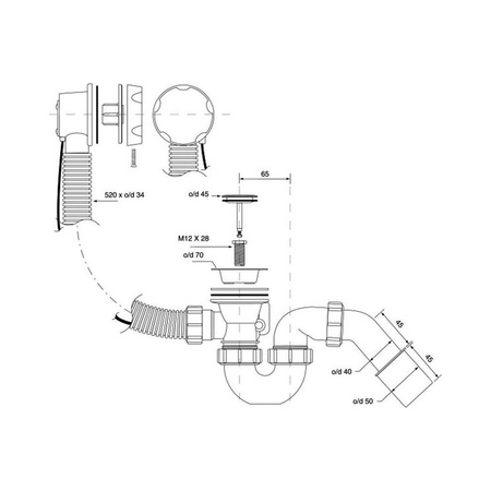 Zestaw odpływ-przelew.wannowy z odejściem 40/50mm,z mechanizmem autom. pokrętło mosiądz STAL SZCZOTKOWANA