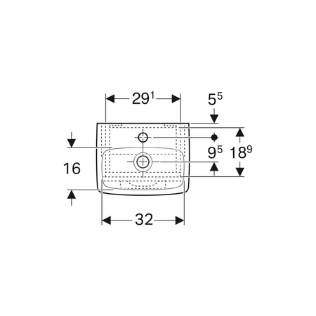 Umywalka GEBERIT Selnova Square prostokątna, biała, 500mm, otwór na baterię na środku, bez odpływu przelewowego, półka od ściany