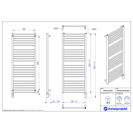 Grzejnik elektryczny (suszarka) INSTAL-PROJEKT PIKO ELECTRO, wym. 1329 (1434 z grzałką)/530 mm, kolor biały mat, moc 600 W