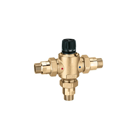 Regulowany termostatyczny zawór mieszający z wymiennym wkładem do systemów scentralizowanych. Z zaworami zwrotnymi 1 1/4"