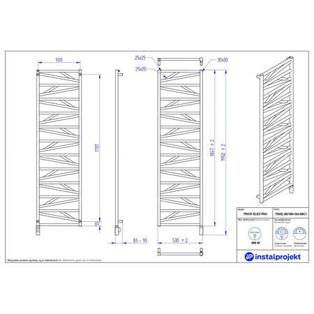 Grzejnik elektryczny (suszarka) INSTAL-PROJEKT Trick Electro, wym. 1847 (1952 z grzałką)/530 mm, kolor czarny,  moc 900 W