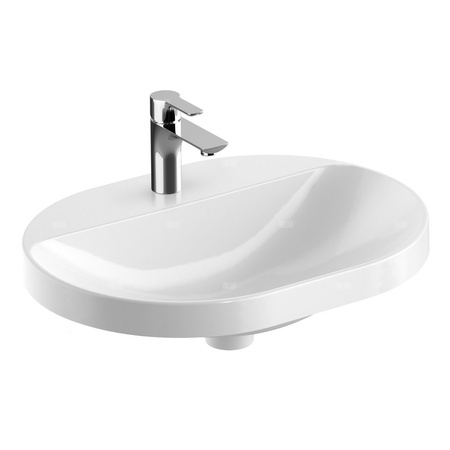 Umywalka GEBERIT Variform eliptyczna, biała, 600mm, otwór na baterię na środku, wpuszczana w blat, bez odpływu przelewowego, półka od ściany