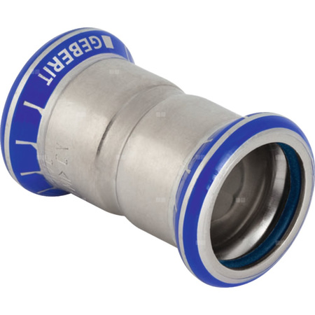 Mufa GEBERIT Mapress Edelstahl FKM, stal nierdzewna / stal nierdzewna, 22 mm, DN 20 x 22 mm x DN 20 (mufa zaprasowywana x mufa zaprasowywana), (głębokość: 4 mm) z uszczelką