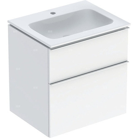 Zestaw umywalki meblowej Geberit iCon slim rim, z szafką pod umywalkę, z dwoma szufladami i zestawem odpływowo-przelewowym do umywalki: B=60cm, Umywalka: biały /KeraTect, Korpus i front: biały / lakierowany na wysoki połysk, Uchwyt: chromowany z połyskiem