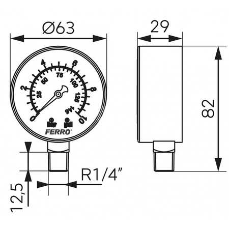 Manometr z rurką Bourdona FERRO 0/10 bar radialne 1/4'' fi 63 mm