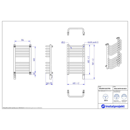 Grzejnik elektryczny (suszarka) INSTAL-PROJEKT BOLERO ELECTRO, wym. 682 (787 z grzałką)/400 mm, kolor biały połysk, moc 300 W