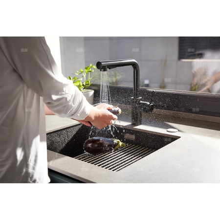 Bateria zlewozmywakowa stojąca KFA Armatura DUERO BASIC, kolor czarny, wyciągana wylewka i obrotowa wylewka 2 funkcyjna, obrotowy górny, wys. 301 mm