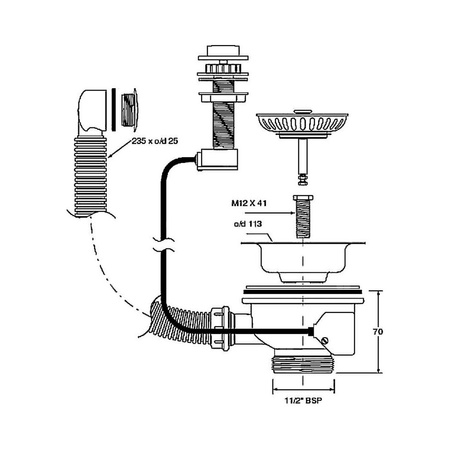 Spust zlewozmywakowy 11/2"x70mm z mechanizmem automatycznym, przelew okrągły