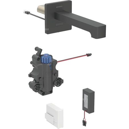 Bateria umywalkowa Geberit Brenta, ścienna, zasilanie bateryjne, do podtynkowej skrzynki funkcyjnej, z mieszaczem termostatycznym, L=17cm, czarny mat