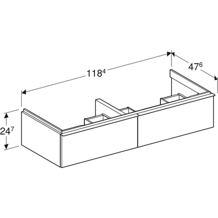 Szafka pod umywalkę podwójną Geberit iCon, z dwoma szufladami: Szerokość umywalki=120cm, H=24.7cm, Korpus i front: biały / lakierowany na wysoki połysk, Uchwyt: chromowany z połyskiem