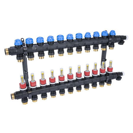 Rozdzielacz do ogrzewania podłogowego AFRISO ProCalida EF1 K 11-obieg. poliamid GZ 1'' x euroconus 3/4'' + przepływomierz + zawór napełn/spust